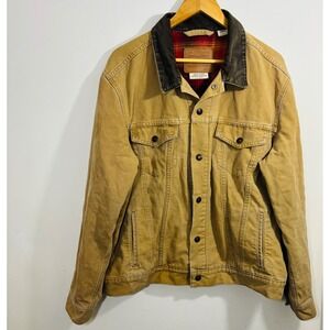 Levis Premium Canvas Trucker Jacket Tan Plaid Flannel Lined Corduroy Collar L